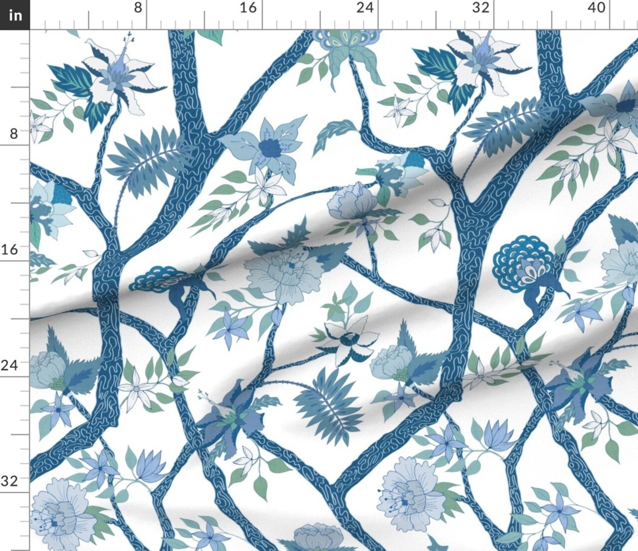 Garden Chinoiserie Green Floral Branch Large Scale Peony Blue And White Chinoiserie Mural Branches Trees Spring Custom Printed Fabric by Spoonflower Various Fabrics by the Yard or Fat Quarter